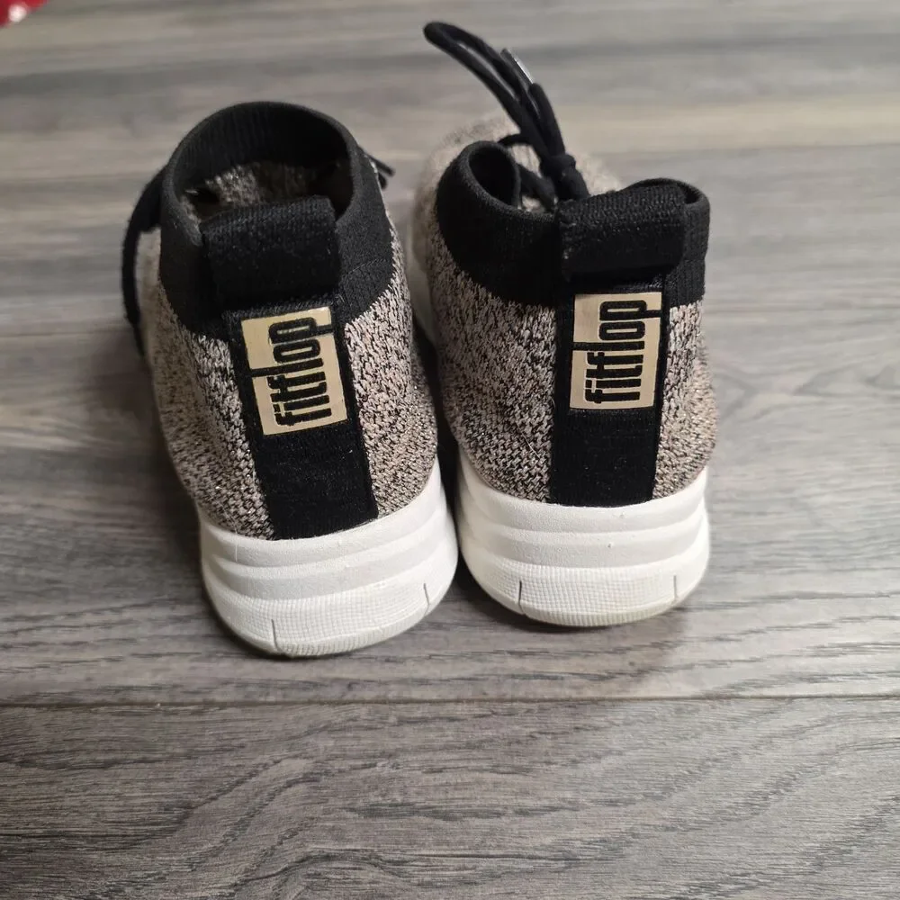 FitFlop Sneaker Mid Tops Stretchy Material Beige/black With Gold Shimmer Sz 8.5